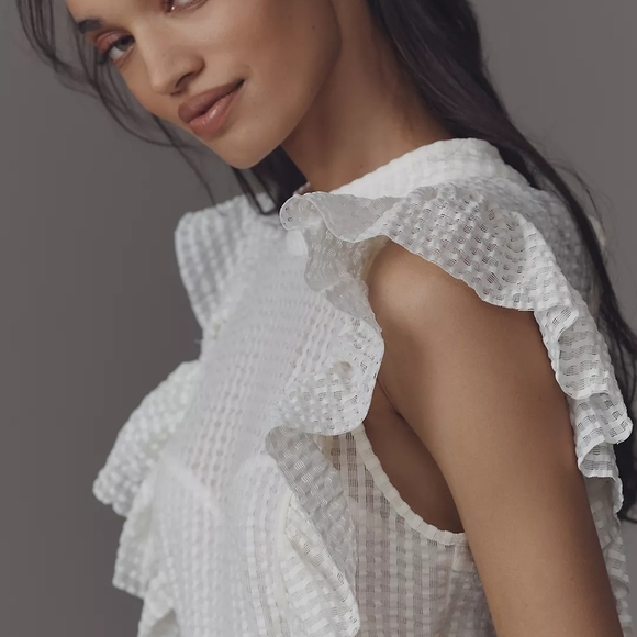 Maeve Cropped Ruffled Mesh Waffle Blouse - Picture 6 of 7